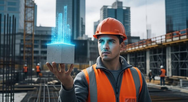 Confident engineer visualizing futuristic city skyline on construction site with holographic projection for smart city planning and urban development - Powered by Adobe