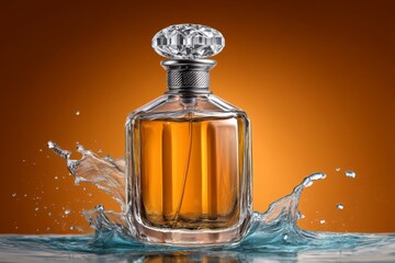 Crystal-capped perfume bottle amid splashing water on vibrant orange background
