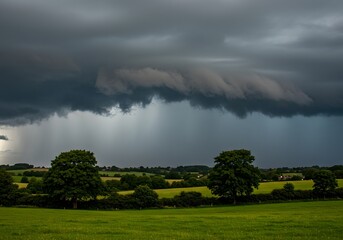 A dramatic display of nature's power, with a dark storm rolling over a serene landscape