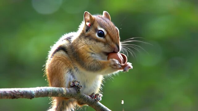 Cute chipmunk holding acorn on branch with nature background. Wildlife animal, rodent on tree branch outdoors in natural setting.