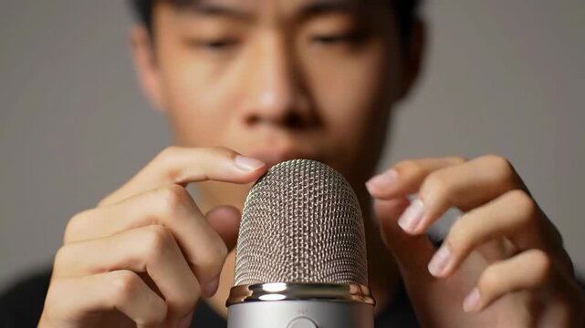 Asian man using microphone for ASMR with fingers tapping for audio, technology concept, sound recording. Focus on microphone.