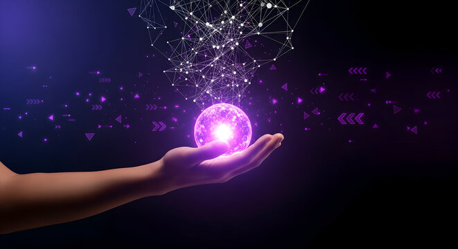 Hand holding a glowing purple sphere with abstract network connections - Powered by Adobe