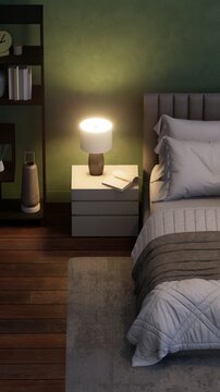 A minimalist bedroom with bedside lamps on.