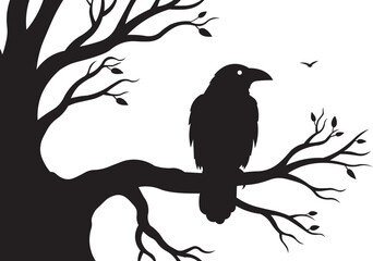 Obraz premium Silhouette of a raven perched on a bare tree branch eps