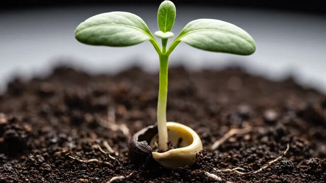 Close Up of Brown Seed in Dark Brown Soil with Visible Roots Shows Concept of Growth and New Life on White Background Under Soft Lighting