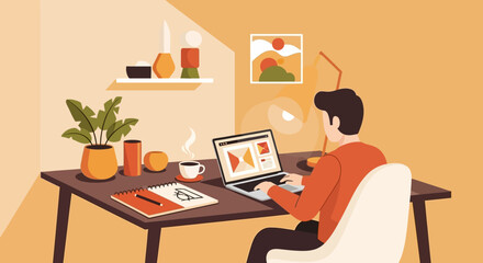 Illustration of a person working on a laptop at a desk in a cozy room with a cup of coffee.