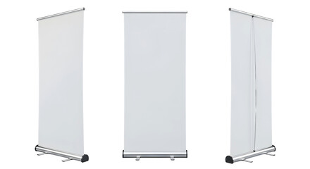Set of three blank white roll up banner stand mockups from different angles. Isolated on transparent background, png
