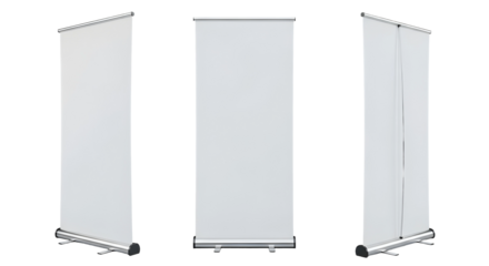 Set of three blank white roll up banner stand mockups from different angles. Isolated on transparent background, png
