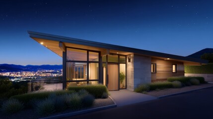 Modern hillside home at twilight with city view and starry sky