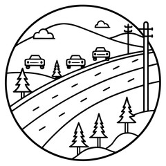 Circular landscape with road and cars in minimalist style