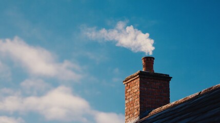 Brick chimney with smoke against blue sky and clouds