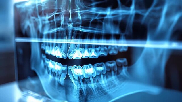 Blue tinted dental X-ray image showing upper and lower jaws, teeth alignment, bite relation, and root structure for diagnostic evaluation and treatment planning in clinic