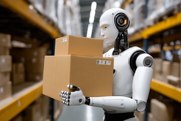 Humanoid robot managing warehouse logistics with precision in industrial setting