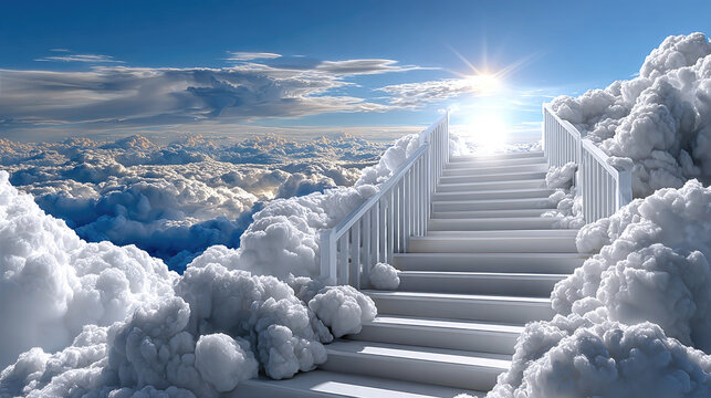 White stairway ascending through soft, fluffy clouds into a brilliant blue sky with a shining sun, representing a spiritual journey, hope, and the path to heaven and enlightenment