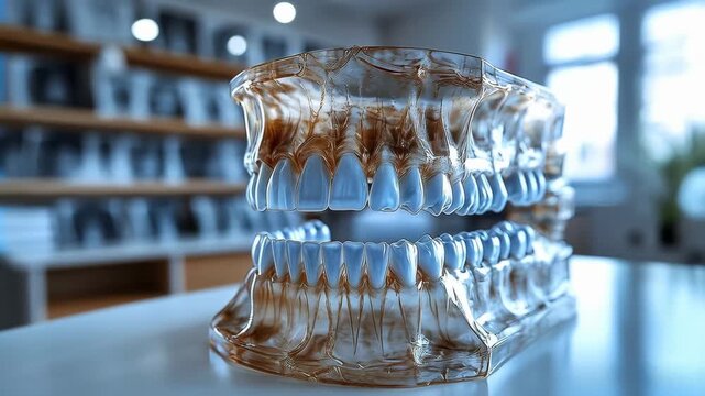 Detailed clear dental model showing upper and lower teeth in glossy transparent acrylic material for dental training, orthodontic planning, and patient education demonstrations