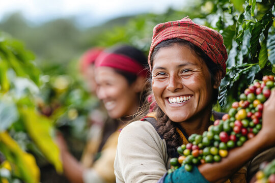 Happy latin american woman harvesting coffee beans with coworkers on sunny plantation in colombia, surrounded by lush greenery. Smiling, working together to pr. Coffee picking.International Coffee Day