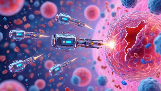 Nanobots moving through a microscopic biological environment, directing laser beams to target and break down a large, damaged cell, representing advanced nanotechnology for medicine and health