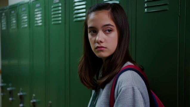 Teenage girl with worried expression standing by school lockers, feeling alone and anxious, facing challenges of bullying and mental health in an educational environment