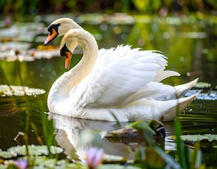 Two swans in a pond, necks intertwined, serene scene