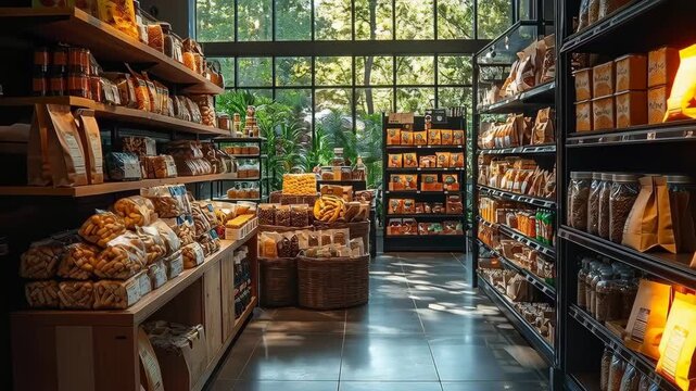 Bright grocery store aisle with wooden shelves stocked with packaged goods, jars, bread loaves, and crates in natural light creating an inviting market scene for shoppers