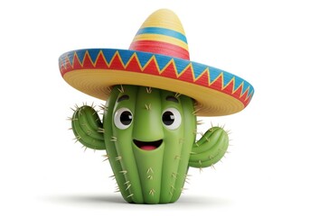Cute cartoon cactus wearing a sombrero isolated on white background