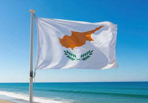 cyprus flag waving under clear blue sky near pristine beach. symbol of national pride. travel and tourism, political events, educational content.