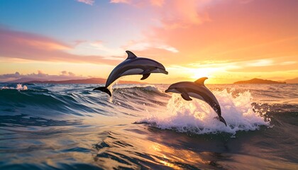 Two dolphins leaping over a wave at sunset
