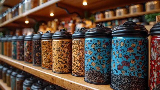 Row of decorative ceramic tea canisters with ornate floral patterns and dark lids lined along wooden shelves in a cozy tea shop, evoking artisan quality and vintage charm