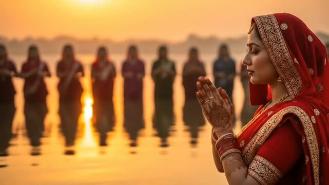 Devout hindu women celebrating the Chhath Puja festival at sunrise. Chhath Puja illustration. Ancient Sandhya arghya day. Lady near the river to worship Surya, the sun god and his sister Chhathi Maiy.