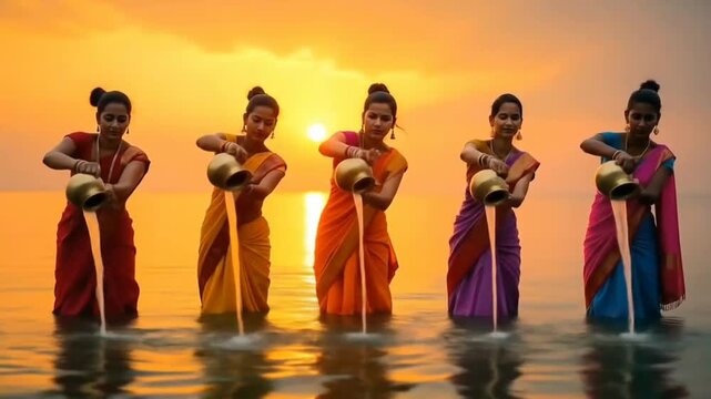 Devout hindu women celebrating the Chhath Puja festival at sunrise. Chhath Puja illustration. Ancient Sandhya arghya day. Lady near the river to worship Surya, the sun god and his sister Chhathi Maiy.