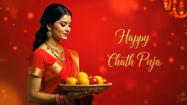 Devout hindu women celebrating the Chhath Puja festival at sunrise. Chhath Puja illustration. Ancient Sandhya arghya day. Lady near the river to worship Surya, the sun god and his sister Chhathi Maiy.