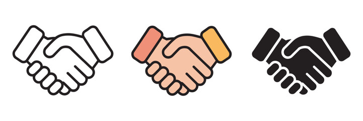 Set of Handshake Icons Representing Partnership, Agreement, and Collaboration in Business