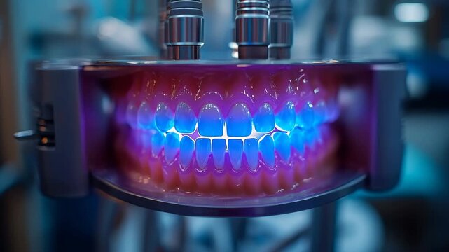 Close-up view of a dental curing light system illuminating a realistic mouth model with blue LED lights, highlighting modern dental equipment used in restorative procedures