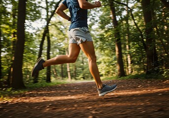 A runner enjoying a workout in a lush green forest. The person is running down a path surrounded by trees