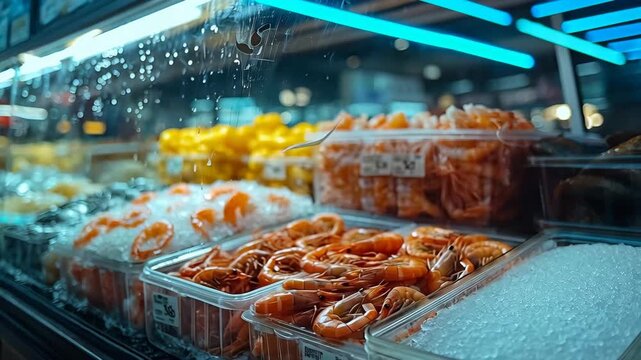 Fresh seafood display at a market featuring ice-packed shellfish in a refrigerated case, showcasing bright orange shrimp and crabs ready for purchase today