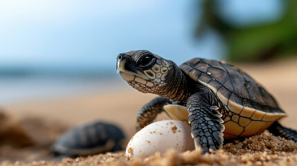 Obraz premium baby turtles hatched from eggs on the ocean shore, wildlife conservation concept