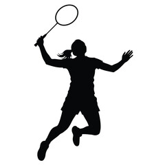 Badminton player jumping to hit shuttlecock silhouette