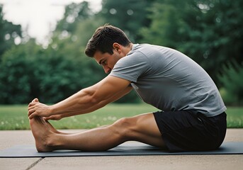 A man practices yoga stretches on a yoga mat in a park. The man is focused on performing a seated forward bend