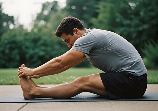 A man practices yoga stretches on a yoga mat in a park. The man is focused on performing a seated forward bend
