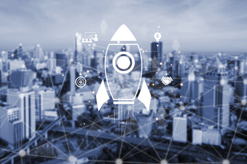 Startup launch and business growth concept, rocket symbolism, entrepreneurship, startup innovation,...