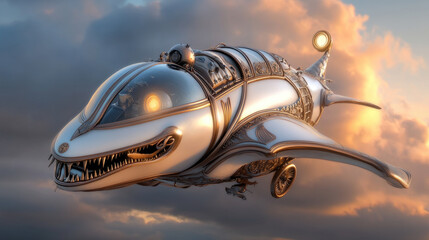 Italian style brainrot meme of a bizarre flying machine with a crocodile head, surreal absurd proportions, chaotic energy, pastel Renaissance sky, funny cursed aesthetic, copy space