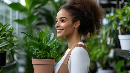 woman in gardening section of hardware store choosing plants and pots, bright organized retail interior