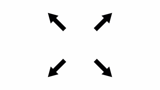 Expanding and Contracting Arrows Animation. Animated arrows move outward toward the corners and then smoothly return to the center, with alpha channel on transparent background.