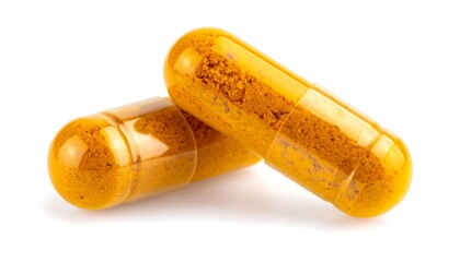 Two translucent orange capsules, filled with a similar-colored powder, angled slightly on a white background