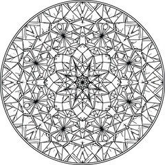 Vector circular prism mandala inspired by Kyoto temple geometry, abstract symmetrical decorative design