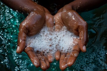 Fototapeta premium Dark skin hands holding fresh water and soap foam