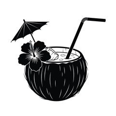 Black coconut drink with hibiscus flower and umbrella