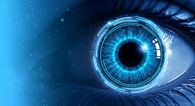 Abstract HUD Overlay Over Low-Poly Human Eye on Blue Background