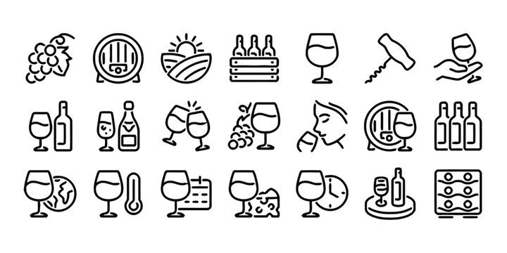 wine, icon, set, grapes, barrel, bottles, glasses, corkscrew, vineyard, harvest, crate, clinking, toast, wine tasting, wine lover, sommelier, wine cellar, wine cooler, cheese, thermometer, calendar, h