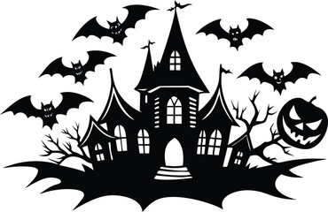 Halloween, vector illustration vector art of a spooky haunted house silhouette with bats flying around, perfect for halloween themed designs and decorations	